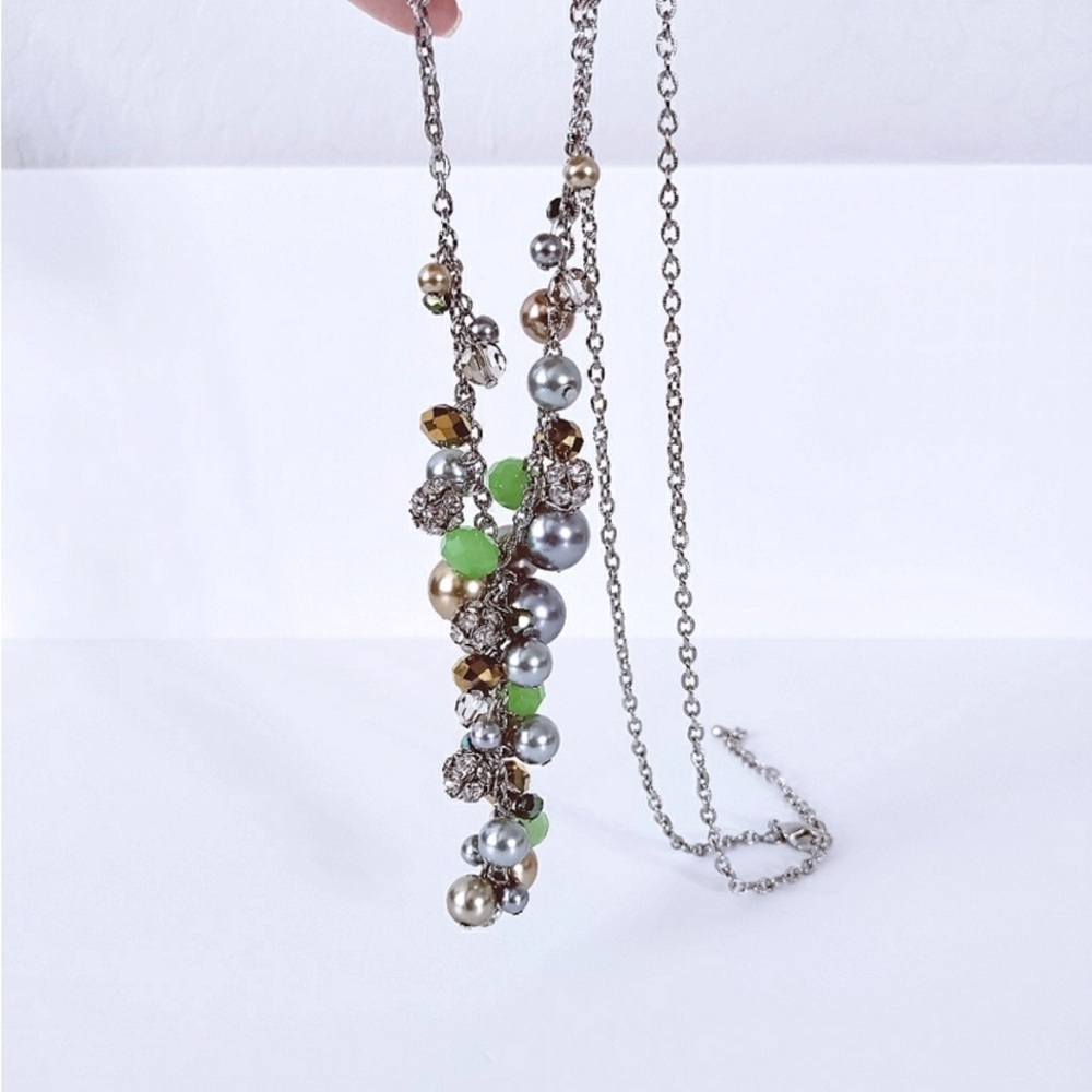 New Green & Faux Pearl Cluster‎ Necklace Silver Tone 21"
